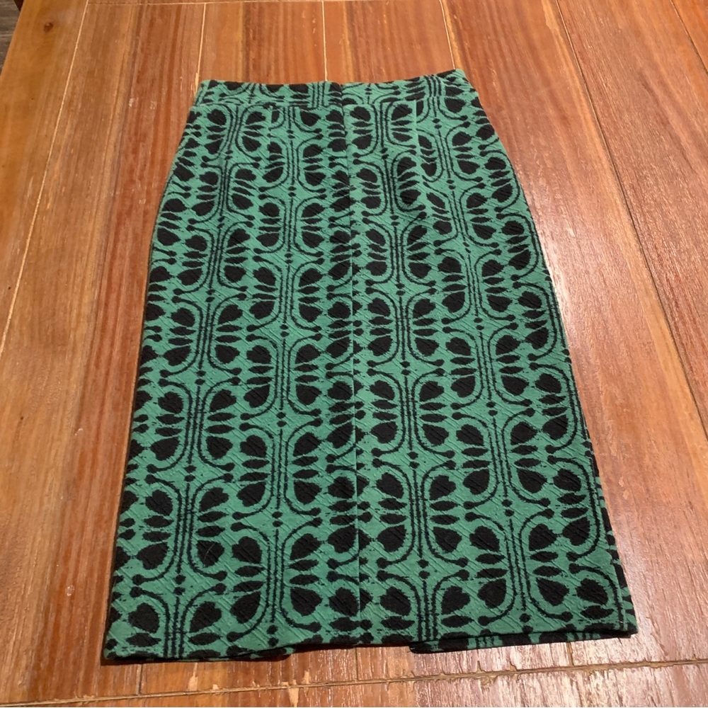 Maeve Anthropologie Green Black Stretch MIDI Boho Artsy Pencil Skirt Small